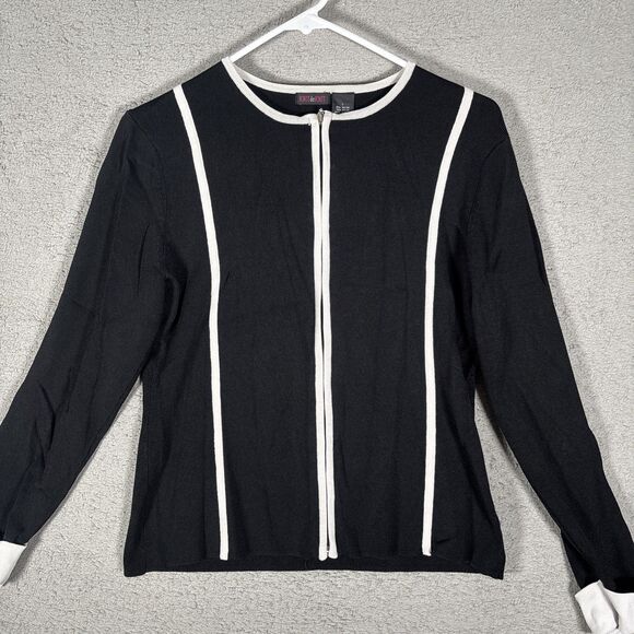 Knit De Knit Full Zip Knit Jacket Women’s Size L Black White Mod Gogo Collarless - Picture 1 of 8